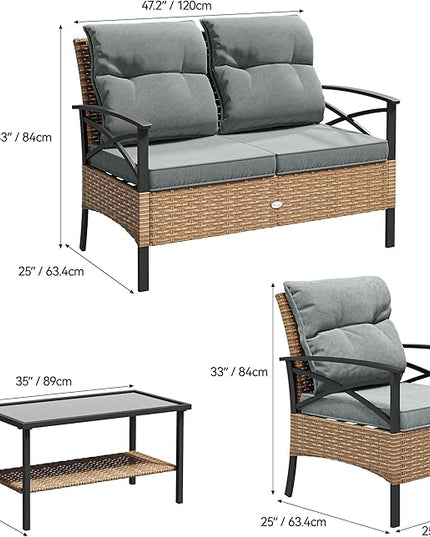 YITAHOME 4-Piece Patio Furniture Wicker Outdoor Bistro Set, All-Weather Rattan Conversation Loveseat Chairs for Backyard, Balcony and Deck with Soft Cushions and Metal Table (Light Brown+Gray) - LeafyLoom