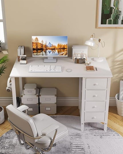 Lufeiya Small White Desk with Drawers - 40 Inch Kids Girls Teen Cute Study Desk for Bedroom Work, Computer Writing Table Desks with Fabric Drawer for Small Spaces Home Office - LeafyLoom