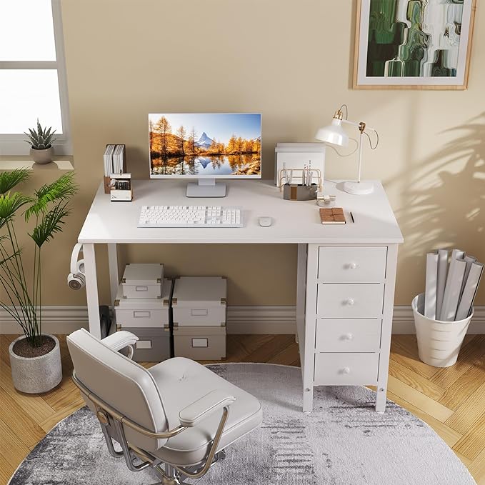 Lufeiya Small White Desk with Drawers - 40 Inch Kids Girls Teen Cute Study Desk for Bedroom Work, Computer Writing Table Desks with Fabric Drawer for Small Spaces Home Office - LeafyLoom