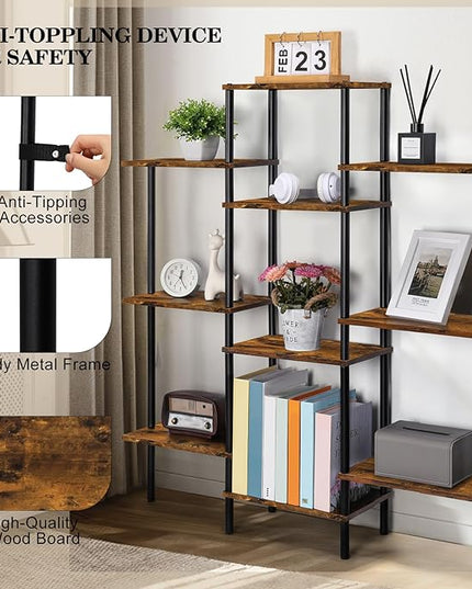 4-Tier Bookshelf,Small Triple Wide Bookcase for Books,CDs,Movies,Display Shelf with 10 Open Shelves for Living Room,Home Office,Balcony,Rustic Brown - LeafyLoom
