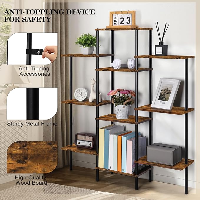 4-Tier Bookshelf,Small Triple Wide Bookcase for Books,CDs,Movies,Display Shelf with 10 Open Shelves for Living Room,Home Office,Balcony,Rustic Brown - LeafyLoom