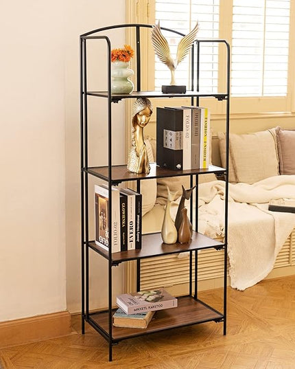No Assembly Folding Bookshelf, 4 Tier Black Bookshelf, Metal Book Shelf for Storage, Folding Bookcase for Office Organization and Storage, 12.6" D x 22.44" W x 55.51" H - LeafyLoom