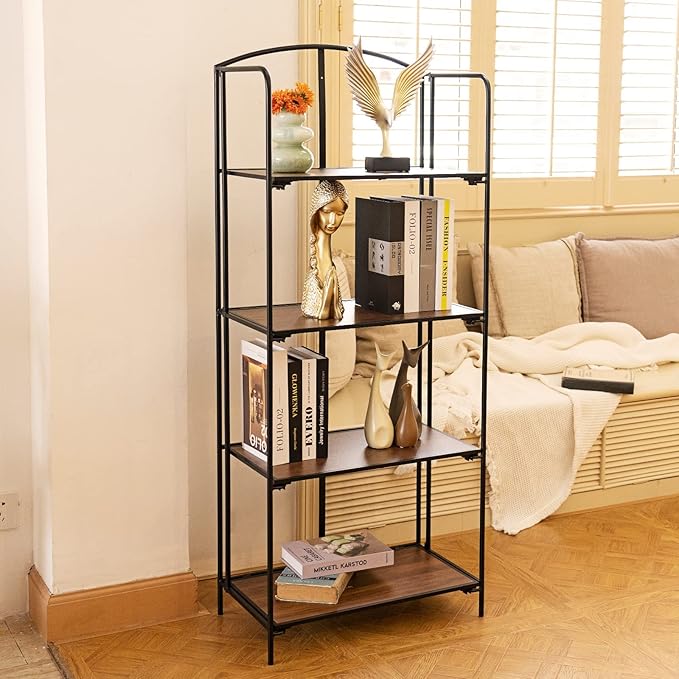No Assembly Folding Bookshelf, 4 Tier Black Bookshelf, Metal Book Shelf for Storage, Folding Bookcase for Office Organization and Storage, 12.6" D x 22.44" W x 55.51" H - LeafyLoom