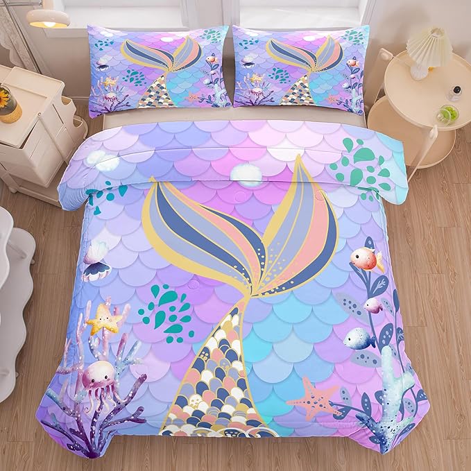 NINENINE Mermaid Tail Bedding Sets,Teal Purple Mermaid Comforter Set for Kids,Full Size Comforter Sets for Girls,Colorful Glitter Bedding Set with 1 Comforter 2Pillowcases… - LeafyLoom