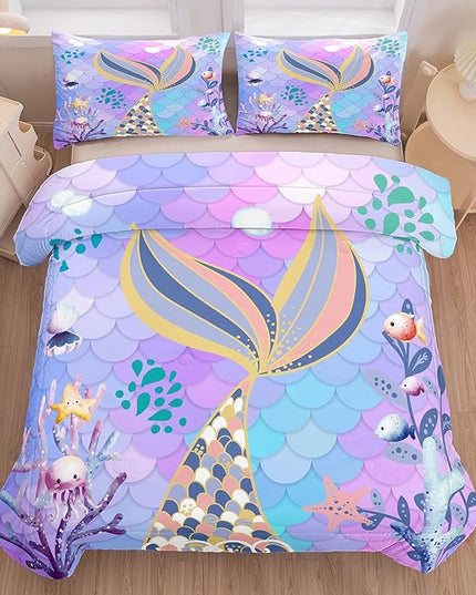 NINENINE Teal Purple Mermaid Comforter Set,Mermaid Tail Bedding Set,Twin Size Bedding Sets for Girls,Colorful Glitter Comforter Sets for Kids with 1 Comforter 1 Pillowcase… - LeafyLoom