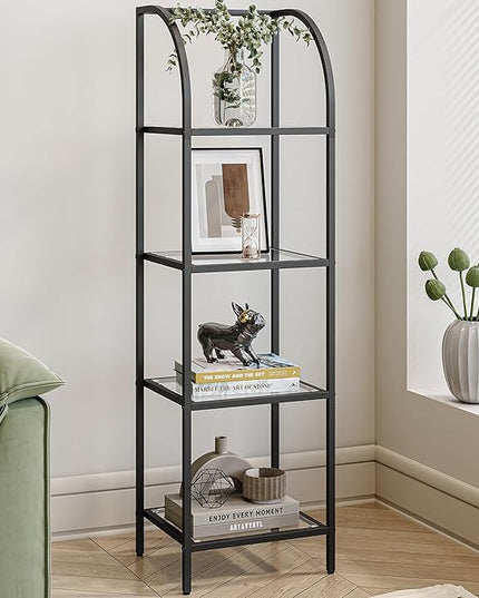 Bookcase Bookshelf, Tempered Glass Arched Bookshelf for More Storage, Slim Shelving Unit for Bedroom, Bathroom, Home Office, Steel Frame, 4 Tier Black BC20499B - LeafyLoom