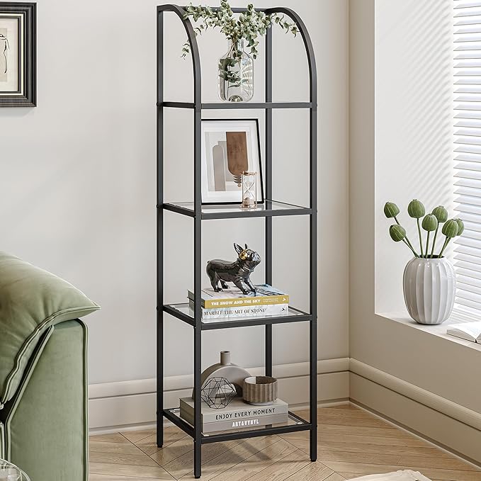 Bookcase Bookshelf, Tempered Glass Arched Bookshelf for More Storage, Slim Shelving Unit for Bedroom, Bathroom, Home Office, Steel Frame, 4 Tier Black BC20499B - LeafyLoom