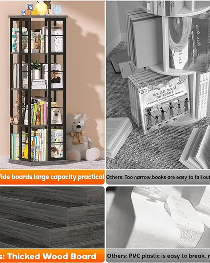 Aheaplus Rotating Bookshelf, Corner Bookshelf, 360 Display Wood Spinning Bookshelf, Floor Standing Bookcase Narrow Shelf Revolving Organizer Storage Rack for Small Space, Bedroom, Study Room, Grey Oak - LeafyLoom