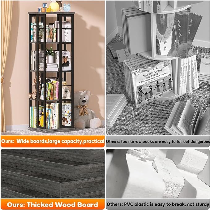 Aheaplus Rotating Bookshelf, Corner Bookshelf, 360 Display Wood Spinning Bookshelf, Floor Standing Bookcase Narrow Shelf Revolving Organizer Storage Rack for Small Space, Bedroom, Study Room, Grey Oak - LeafyLoom
