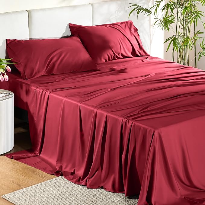 Bedsure King Size Sheet Set, Cooling Sheets King, Rayon Derived from Bamboo, Deep Pocket Up to 16", Breathable & Soft Bed Sheets, Hotel Luxury Silky Bedding Sheets & Pillowcases, Burgundy - LeafyLoom