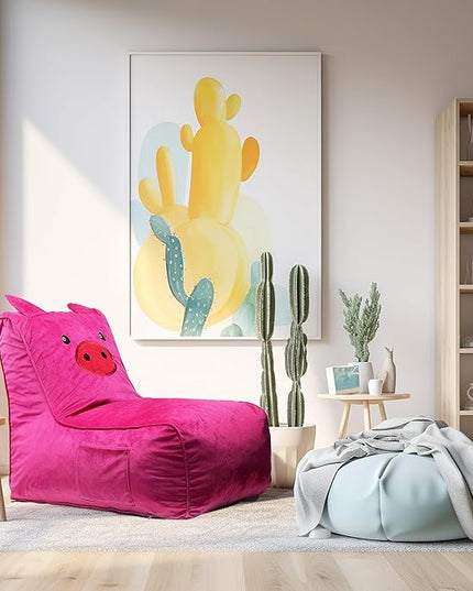 Bean Bag Chair for Kids, Cute Pig L-Shape Animal Bean Bag Sofa with Top Handles and Side Pockets, Cute Soft and Comfy Bean Bag Chair with Filler Included, Ages 1+ Children's Day Gifts - LeafyLoom