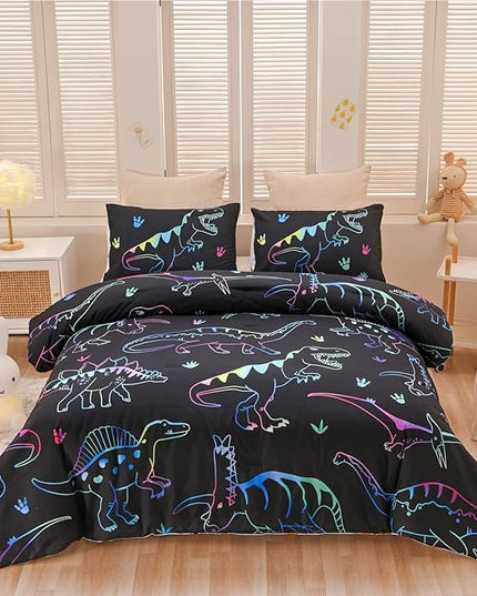 Meeting Story Dinosaur Comforter Set, Fluorescence Dinosaur Colorful Pattern Style Twin Comforter Set, 3 PCS 1 Comforter and 2 Pillowcases in One Bag, All Season Bedspread for Kids Teens Adults（Twin） - LeafyLoom
