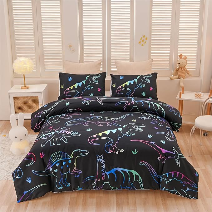 Meeting Story Dinosaur Comforter Set, Fluorescence Dinosaur Colorful Pattern Style Twin Comforter Set, 3 PCS 1 Comforter and 2 Pillowcases in One Bag, All Season Bedspread for Kids Teens Adults（Twin） - LeafyLoom