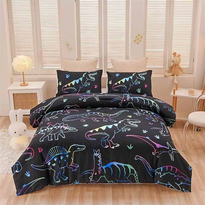 Meeting Story Dinosaur Comforter Set,Fluorescence Dinosaur Colorful Pattern Twin Comforter Set, 3 PCS 1 Comforter and 2 Pillowcases in One Bag, All Season Bedspread for Kids Teens Adults(Full) - LeafyLoom