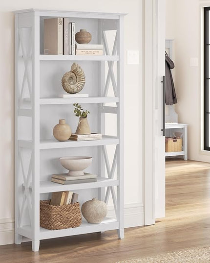 Bush Furniture Key West Tall 5 Shelf Bookcase in Pure White Oak - LeafyLoom