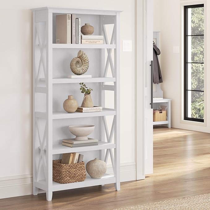 Bush Furniture Key West Tall 5 Shelf Bookcase in Pure White Oak - LeafyLoom