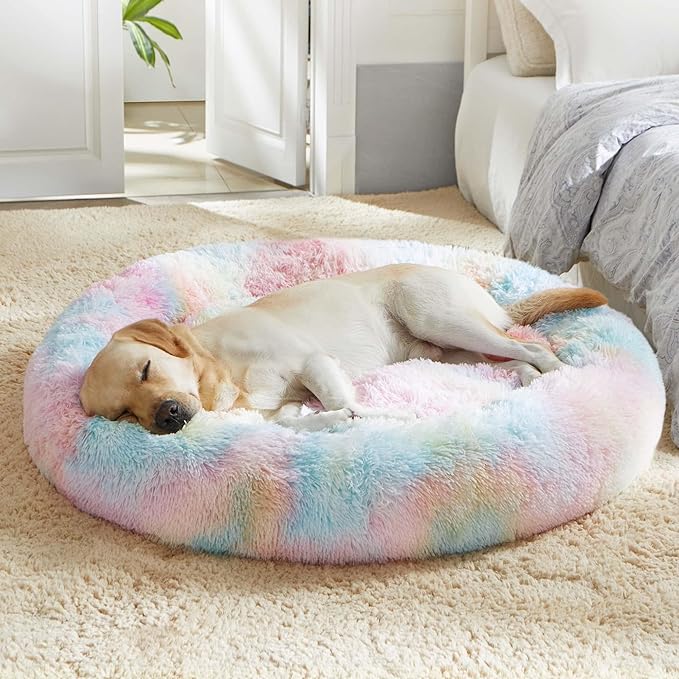 WESTERN HOME WH Calming Dog & Cat Donut Cuddler, Anti-Anxiety Warming Cozy Soft Round Bed, Fluffy Faux Fur Plush Cushion for Small Medium Dogs and Cats WESTERNHOME