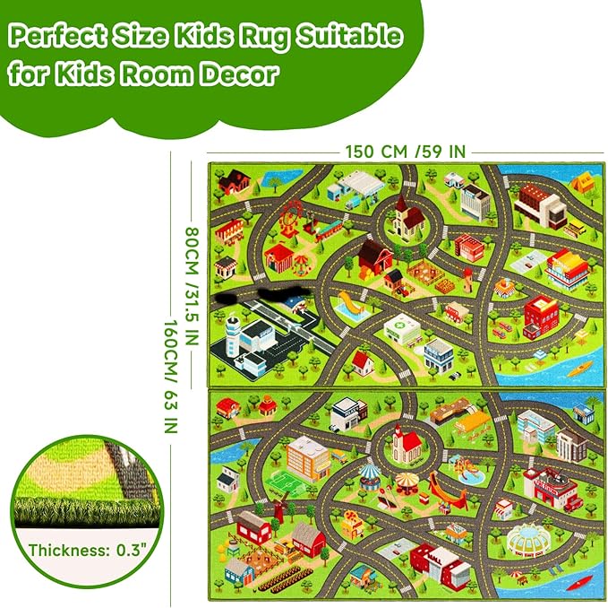 2 Packs Kids Rugs Car Play Mat Traffic Road Carpet for Car City Life Map Play Rug 31.5"×59" for Playroom Educational Mat Area Rug, Kid Playtime Collection Toddler Car Track Rug （2P: A+B - LeafyLoom