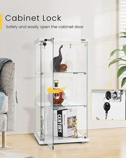 VIVOHOME 3 Layers 16''W x 16''D x 34''H Display Cabinet Showcase Countertop with Lock, 4mm Tempered Glass 25mm MDF Base - LeafyLoom