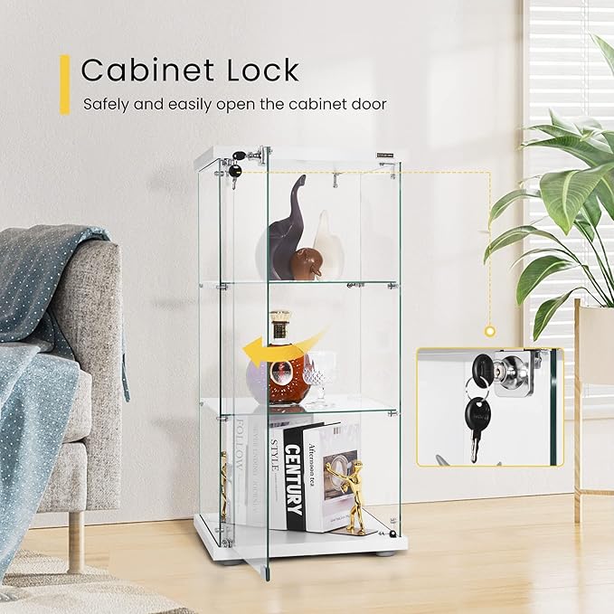 VIVOHOME 3 Layers 16''W x 16''D x 34''H Display Cabinet Showcase Countertop with Lock, 4mm Tempered Glass 25mm MDF Base - LeafyLoom