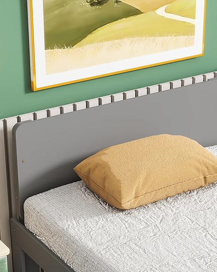 Twin Bed with Footboard Bench, Twin Kid Bed with Headboard, Wood Slat Support, Cute Kid Bed Frame with Book Storage Space, Twin Car Bed for Boys Girls Bedroom, No Box Spring Needed, Grey - LeafyLoom