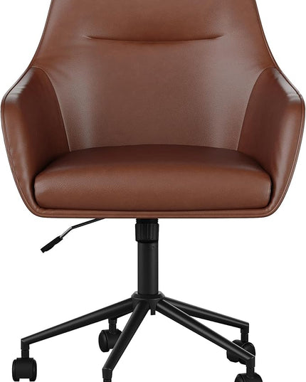 Martha Stewart Rayna Swivel Task Chair with Flared Arms for Home Office in Saddle Brown Faux Leather with Oil Rubbed Bronze Frame - LeafyLoom