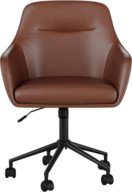 Martha Stewart Rayna Swivel Task Chair with Flared Arms for Home Office in Saddle Brown Faux Leather with Oil Rubbed Bronze Frame - LeafyLoom