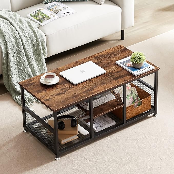 VECELO Coffee Center Table with Storage for Living Room Office Reception, Modern & Industrial Mesh Shelf, 39.4 Inch, Rustic Brown - LeafyLoom
