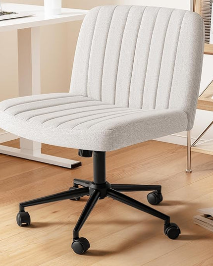 Criss Cross Legged Chair with Wheels, Armless Swivel Wide Padded Height Adjustable Fabric Home Office, Beige - LeafyLoom