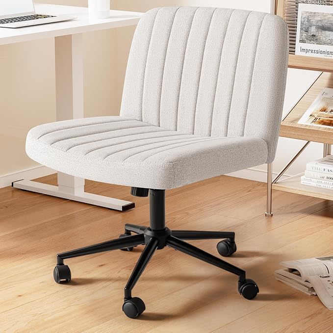 Criss Cross Legged Chair with Wheels, Armless Swivel Wide Padded Height Adjustable Fabric Home Office, Beige - LeafyLoom