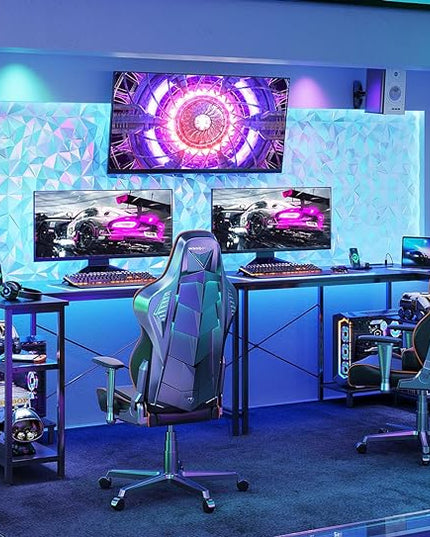 ODK 48 Inch Small L Shaped Gaming Computer Desk with Power Outlets,Corner Desk with Reversible Storage Shelves & PC Stand for Small Space, Modern Simple Home Office Table, Carbon Fiber Surface, Black - LeafyLoom