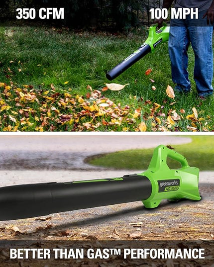 Greenworks 40V (100 MPH / 350 CFM) Cordless Axial Leaf Blower, 2.0Ah Battery and Charger Included - LeafyLoom