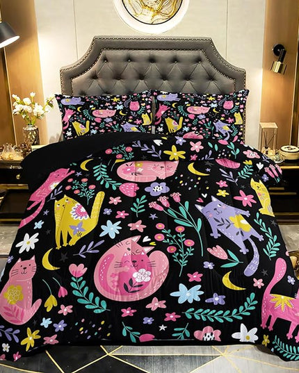 Floral Cat Comforter Full Size,Black Cats Comforter Set for Kids Teens Girls,3Pcs Bedding Set Printed Comforter with 2 Pillowcases,Down Alternative,Soft and Lightweight(Black，Full Size) - LeafyLoom