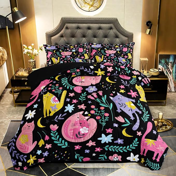 Floral Cat Comforter Twin Size,Black Cats Comforter Set for Kids Teens Girls,3Pcs Bedding Set Printed Comforter with 2 Pillowcases,Down Alternative,Soft and Lightweight(Black，Twin Size) - LeafyLoom