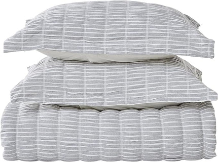 Full/Queen 100% Cotton Comforter Set | Grey Puckered Striped Down Alternative Comforter | All Season, Linen-Like, Textured 3 Piece Bedding Comforter Set (Full/Queen, Grey) - LeafyLoom