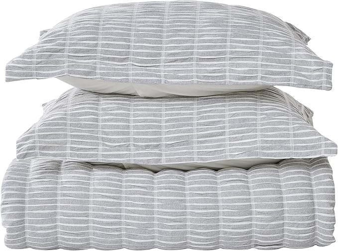 Full/Queen 100% Cotton Comforter Set | Grey Puckered Striped Down Alternative Comforter | All Season, Linen-Like, Textured 3 Piece Bedding Comforter Set (Full/Queen, Grey) - LeafyLoom