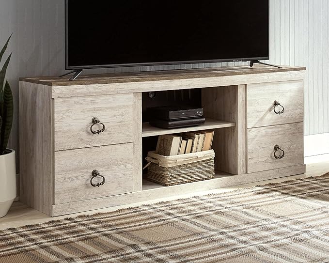 Signature Design by Ashley Willowton Farmhouse TV Stand with Fireplace Option Fits TVs up to 60”, Whitewash - LeafyLoom