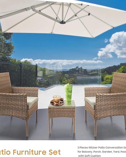 YIYAN 3 Pieces Patio Bistro Set Outdoor Wicker Furniture Outdoor Porch PE Rattan Wicker Chairs Furniture Sets with Sofa Chairs,Glass Coffee Table and Gray Washable Cushion - LeafyLoom