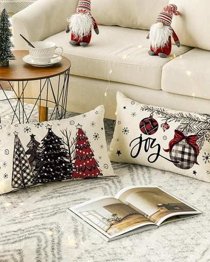 AVOIN colorlife Merry Christmas Joy Xmas Trees Red Throw Pillow Covers, 12 x 20 Inch Christmas Winter Holiday Cushion Case Decoration for Sofa Couch Set of 4 AVOINcolorlife