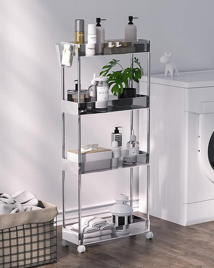 VECELO Acrylic 4-Tier Rolling Storage Cart,Multifunction Slim Utility Clear Cart Kitchen Storage Organizer,Mobile Cart with Lockable Wheels Hooks&Bucket for Home Office,Clear - LeafyLoom