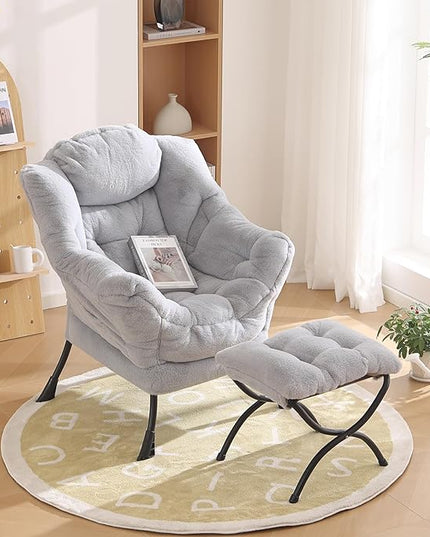 Lazy Chair with Ottoman, Modern Reading Chair with Folding Footrest, Comfortable Lounge Accent Chair for Bedroom, Study, Living Room, Courtyard (Plush Grey) - LeafyLoom