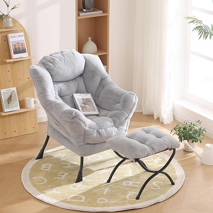 Lazy Chair with Ottoman, Modern Reading Chair with Folding Footrest, Comfortable Lounge Accent Chair for Bedroom, Study, Living Room, Courtyard (Plush Grey) - LeafyLoom