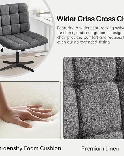 Furniliving Criss Cross Wide Chair, Comfy Legged Desk Chair No Wheels Armless Modern Swivel Chair with Mid Back, Height Adjustable Wide Seat for Home Office Vanity, Grey - LeafyLoom