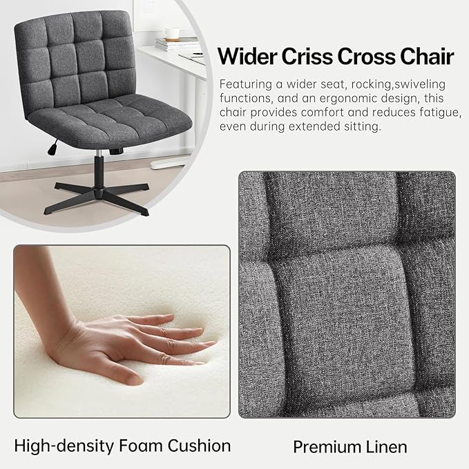 Furniliving Criss Cross Wide Chair, Comfy Legged Desk Chair No Wheels Armless Modern Swivel Chair with Mid Back, Height Adjustable Wide Seat for Home Office Vanity, Grey - LeafyLoom