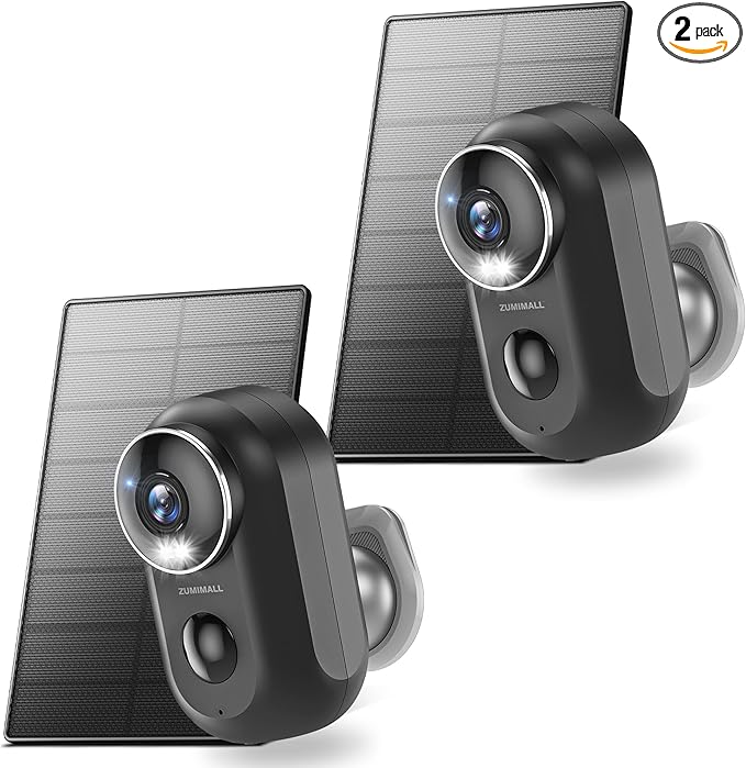 ZUMIMALL Solar Security Cameras Wireless Outdoor, 2Packs, Solar Camera Outdoor Wireless, 2.4G WiFi Battery Camera, 3MP Color Night Vision, Magnetic Mount, Siren,PIR/AI Analyse, IP66, Cloud, Alexa ZUMIMALL