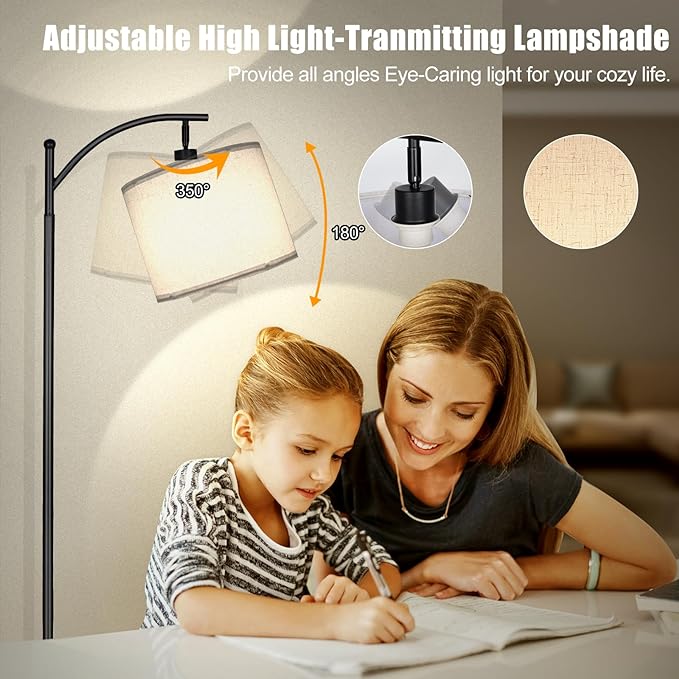 2024 LED Floor Lamps for Living Room, 12W 1200LM Modern Arc Floor Lamp with Remote & Adjustable Linen Lampshade, 12 Color Temperature Stepless Dimmable Tall Standing Lamp for Bedroom Office Reading - LeafyLoom