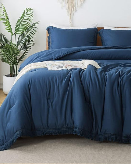 Andency Navy Blue Comforter King Size, 3 Pieces Boho Tassel Lightweight Bedding Comforter Sets for King Bed, All Season Soft Fluffy Fringe Bed Set (104x90In Comforter & 2 Pillowcases) - LeafyLoom