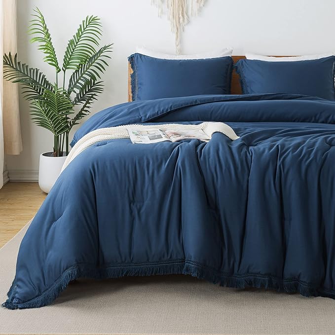 Andency Navy Blue Comforter King Size, 3 Pieces Boho Tassel Lightweight Bedding Comforter Sets for King Bed, All Season Soft Fluffy Fringe Bed Set (104x90In Comforter & 2 Pillowcases) - LeafyLoom