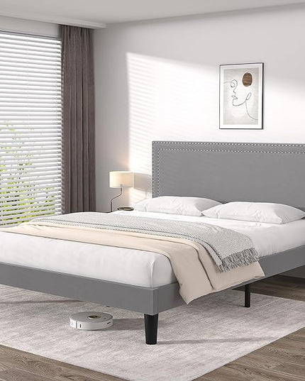 VECELO Full Size Platform Bed Frame with Adjustable Upholstered Headboard, Modern Mattress Foundation,Strong Wood Slat Support, No Box Spring Needed, Easy Assembly - LeafyLoom