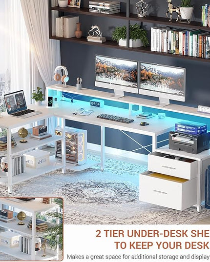 Aheaplus L Shaped Desk with File Drawer, 72.8" Reversible L Shaped Computer Desk with Power Outlet & LED Strip, Gaming Desk with Long Monitor Stand, Office Desk Corner Desk with Storage Shelf, White - LeafyLoom